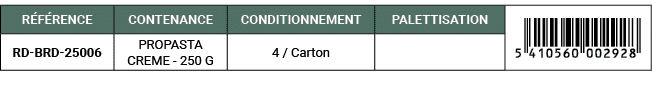 R F RENCE,CONTENANCE,CONDITIONNEMENT,PALETTISATION,￼,RD BRD 25006,PROPASTA CREME 250 G,4 / Carton,