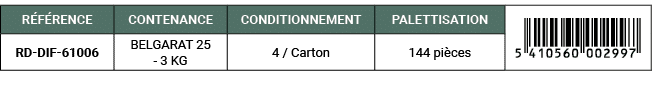 R F RENCE,CONTENANCE,CONDITIONNEMENT,PALETTISATION,￼,RD DIF 61006,BELGARAT 25 3 KG,4 / Carton,144 pi ces