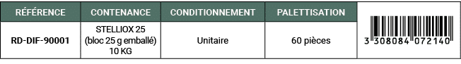 R F RENCE,CONTENANCE,CONDITIONNEMENT,PALETTISATION,￼,RD DIF 90001,STELLIOX 25 (bloc 25 g emball ) 10 KG,Unitaire ,60 ...