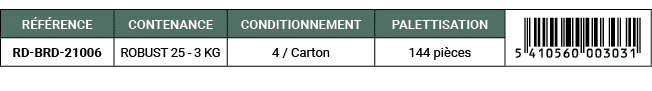 R F RENCE,CONTENANCE,CONDITIONNEMENT,PALETTISATION,￼,RD BRD 21006,ROBUST 25 3 KG,4 / Carton,144 pi ces