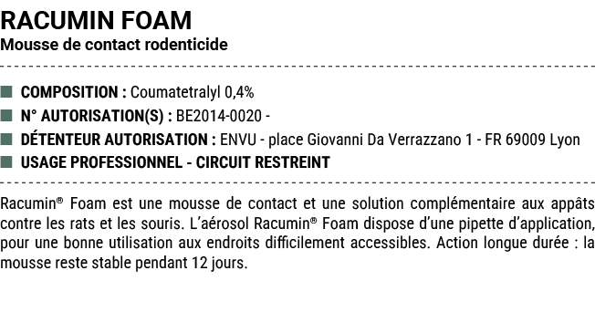 RACUMIN FOAM Mousse de contact rodenticide ■ COMPOSITION : Coumatetralyl 0,4% ■ N° AUTORISATION(S) : BE2014 0020 ■ D ...