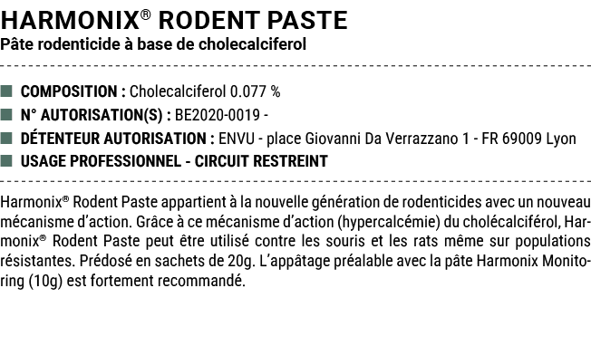 Harmonix® Rodent Paste P te rodenticide  base de cholecalciferol ■ COMPOSITION : Cholecalciferol 0.077 % ■ N° AUTORI...