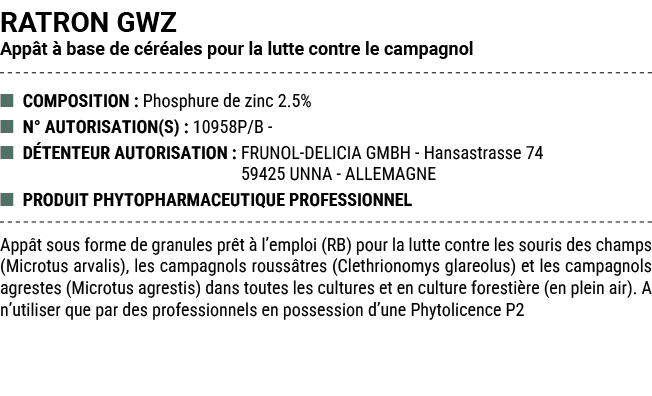 RATRON GWZ App t  base de c r ales pour la lutte contre le campagnol ■ COMPOSITION : Phosphure de zinc 2.5% ■ N° AUT...