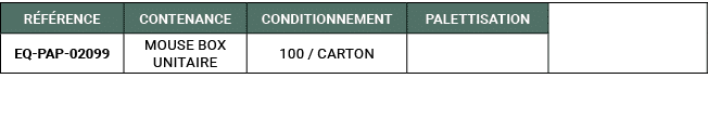 R F RENCE,CONTENANCE,CONDITIONNEMENT,PALETTISATION,,EQ PAP 02099,MOUSE BOX Unitaire,100 / Carton,