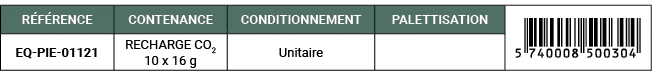 R F RENCE,CONTENANCE,CONDITIONNEMENT,PALETTISATION,￼,EQ PIE 01121,RECHARGE CO2 10 x 16 g,Unitaire,