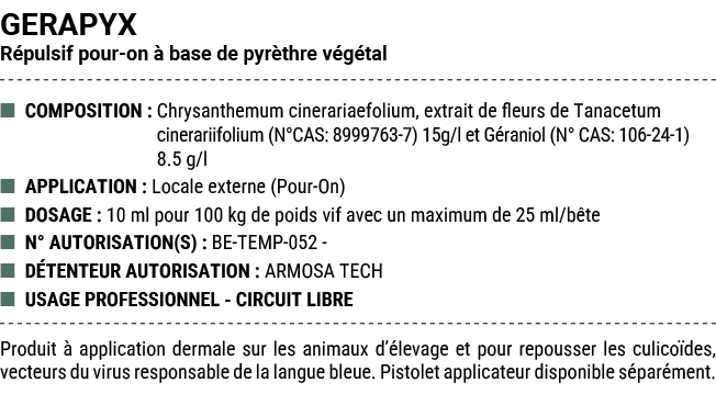 GERAPYX R pulsif pour on  base de pyr thre v g tal ■ COMPOSITION : Chrysanthemum cinerariaefolium, extrait de fleurs...