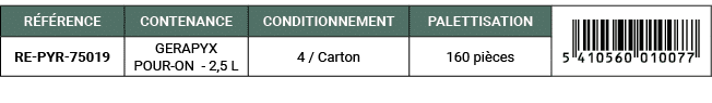 R F RENCE,CONTENANCE,CONDITIONNEMENT,PALETTISATION,￼,RE PYR 75019,GERAPYX POUR ON 2,5 L,4 / Carton,160 pi ces