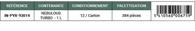 R F RENCE,CONTENANCE,CONDITIONNEMENT,PALETTISATION,￼,IN PYR 93014,NEBULOUS TURBO 1 L,12 / Carton,384 pi ces