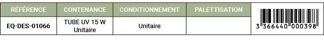 R F RENCE,CONTENANCE,CONDITIONNEMENT,PALETTISATION,￼,EQ DES 01066,TUBE UV 15 W Unitaire,Unitaire,