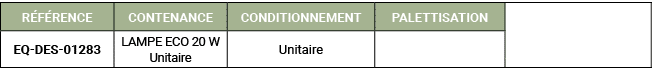R F RENCE,CONTENANCE,CONDITIONNEMENT,PALETTISATION,,EQ DES 01283,LAMPE ECO 20 W Unitaire,Unitaire ,