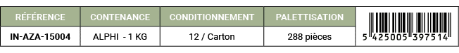R F RENCE,CONTENANCE,CONDITIONNEMENT,PALETTISATION,￼,IN AZA 15004,ALPHI 1 KG,12 / Carton,288 pi ces