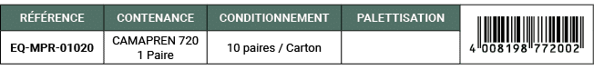 R F RENCE,CONTENANCE,CONDITIONNEMENT,PALETTISATION,￼,EQ MPR 01020,CAMAPREN 720 1 Paire,10 paires / Carton,