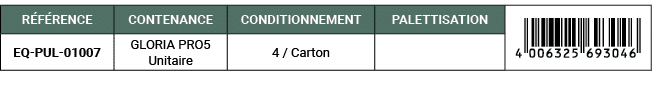 R F RENCE,CONTENANCE,CONDITIONNEMENT,PALETTISATION,￼,EQ PUL 01007,GLORIA PRO5 Unitaire,4 / Carton,