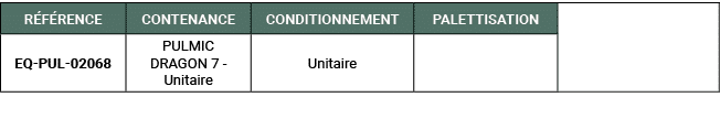 R F RENCE,CONTENANCE,CONDITIONNEMENT,PALETTISATION,,EQ PUL 02068,PULMIC DRAGON 7 Unitaire,Unitaire ,