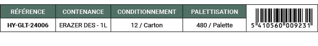 R F RENCE,CONTENANCE,CONDITIONNEMENT,PALETTISATION,￼,HY GLT 24006 ,ERAZER DES 1L ,12 / Carton,480 / Palette