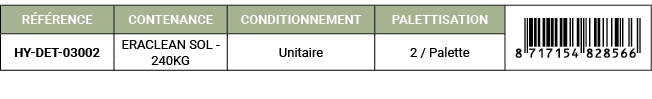 R F RENCE,CONTENANCE,CONDITIONNEMENT,PALETTISATION,￼,HY DET 03002,ERACLEAN SOL 240KG,Unitaire,2 / Palette
