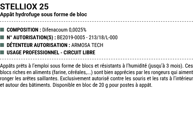 STELLIOX 25 App t hydrofuge sous forme de bloc ■ COMPOSITION : Difenacoum 0,0025% ■ N° AUTORISATION(S) : BE2019 0005 ...