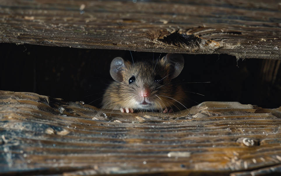 A small mouse peeking through a hole in a wooden structure, highlighting the common issue of rodent infestation in homes. This image underscores the importance of pest prevention and control in maintaining a rodent-free environment.
