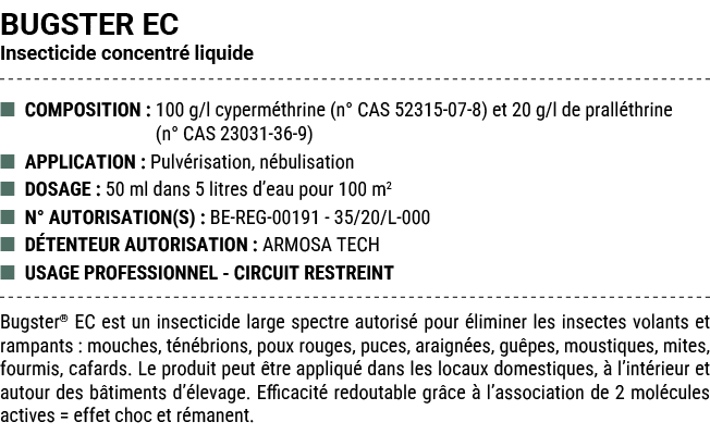 BUGSTER EC Insecticide concentr liquide ■ COMPOSITION : 100 g/l cyperm thrine (n° CAS 52315 07 8) et 20 g/l de prall...