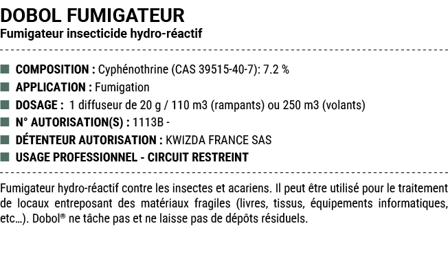 DOBOL FUMIGATEUR Fumigateur insecticide hydro r actif ■ COMPOSITION : Cyph nothrine (CAS 39515 40 7): 7.2 % ■ APPLICA...