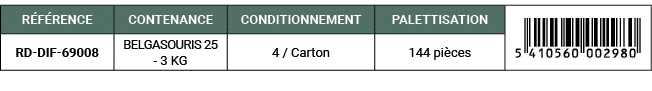 R F RENCE,CONTENANCE,CONDITIONNEMENT,PALETTISATION,￼,RD DIF 69008,BELGASOURIS 25 3 KG,4 / Carton,144 pi ces