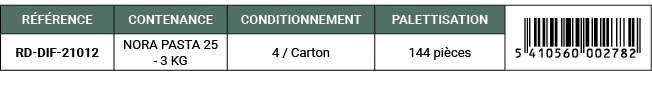 R F RENCE,CONTENANCE,CONDITIONNEMENT,PALETTISATION,￼,RD DIF 21012,NORA PASTA 25 3 KG,4 / Carton,144 pi ces