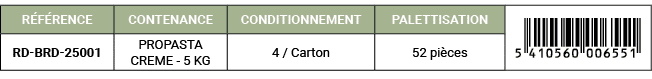 R F RENCE,CONTENANCE,CONDITIONNEMENT,PALETTISATION,￼,RD BRD 25001,PROPASTA CREME 5 KG,4 / Carton,52 pi ces