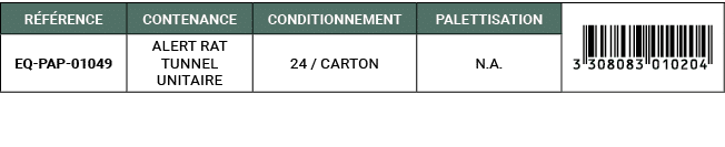 R F RENCE,CONTENANCE,CONDITIONNEMENT,PALETTISATION,￼,EQ PAP 01049,ALERT RAT TUNNEL Unitaire,24 / Carton,N.A. 