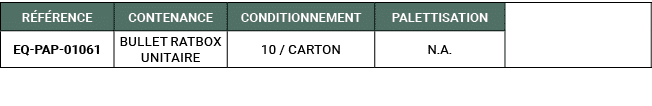 R F RENCE,CONTENANCE,CONDITIONNEMENT,PALETTISATION,,EQ PAP 01061,BULLET RATBOX Unitaire,10 / Carton,N.A. 