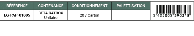 R F RENCE,CONTENANCE,CONDITIONNEMENT,PALETTISATION,￼,EQ PAP 01005,BETA RATBOX Unitaire,20 / Carton,
