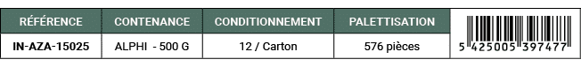 R F RENCE,CONTENANCE,CONDITIONNEMENT,PALETTISATION,￼,IN AZA 15025,ALPHI 500 G,12 / Carton,576 pi ces