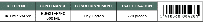 R F RENCE,CONTENANCE,CONDITIONNEMENT,PALETTISATION,￼,IN CYP 25022,BUGSTER®EC 500 ML,12 / Carton,720 pi ces