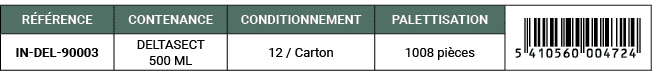 R F RENCE,CONTENANCE,CONDITIONNEMENT,PALETTISATION,￼,IN DEL 90003,DELTASECT 500 ML,12 / Carton,1008 pi ces