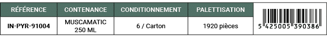 R F RENCE,CONTENANCE,CONDITIONNEMENT,PALETTISATION,￼,IN PYR 91004,MUSCAMATIC 250 ML,6 / Carton,1920 pi ces