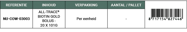 REFERENTIE,INHOUD,VERPAKKING,AANTAL / PALLET,￼,NU COW 03003,ALL TRACE® BIOTIN GOLD BOLUS 20 X 101G,Per eenheid, 