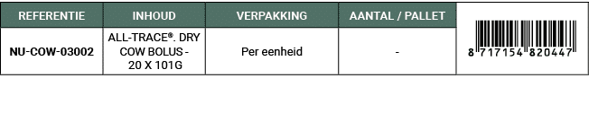 REFERENTIE,INHOUD,VERPAKKING,AANTAL / PALLET,￼,NU COW 03002,ALL TRACE®. DRY COW BOLUS 20 X 101G,Per eenheid, 