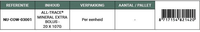 REFERENTIE,INHOUD,VERPAKKING,AANTAL / PALLET,￼,NU COW 03001,ALL TRACE® MINERAL EXTRA BOLUS 20 X 107G,Per eenheid, 