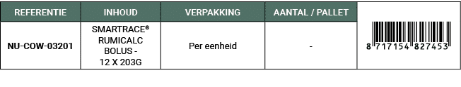 REFERENTIE,INHOUD,VERPAKKING,AANTAL / PALLET,￼,NU COW 03201,SMARTRACE® RUMICALC BOLUS 12 X 203G,Per eenheid, 