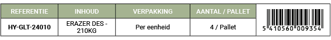REFERENTIE,INHOUD,VERPAKKING,AANTAL / PALLET,￼,HY GLT 24010,ERAZER DES 210KG,Per eenheid,4 / Pallet