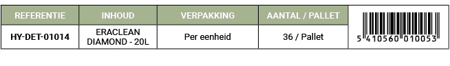 REFERENTIE,INHOUD,VERPAKKING,AANTAL / PALLET,￼,HY DET 01014,ERACLEAN DIAMOND 20L,Per eenheid,36 / Pallet