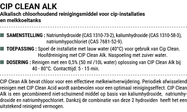 CIP CLEAN ALK Alkalisch chloorhoudend reinigingsmiddel voor cip installaties en melkkoeltanks ■ SAMENSTELLING : Natri...