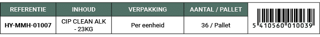 REFERENTIE,INHOUD,VERPAKKING,AANTAL / PALLET,￼,HY MMH 01007,CIP CLEAN ALK 23KG,Per eenheid,36 / Pallet