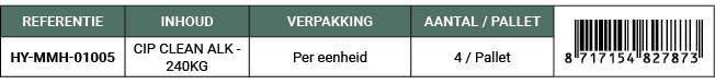 REFERENTIE,INHOUD,VERPAKKING,AANTAL / PALLET,￼,HY MMH 01005,CIP CLEAN ALK 240KG,Per eenheid,4 / Pallet