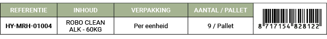REFERENTIE,INHOUD,VERPAKKING,AANTAL / PALLET,￼,HY MRH 01004,ROBO CLEAN ALK 60KG,Per eenheid,9 / Pallet