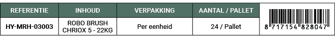 REFERENTIE,INHOUD,VERPAKKING,AANTAL / PALLET,￼,HY MRH 03003,ROBO BRUSH CHRIOX 5 22KG,Per eenheid,24 / Pallet