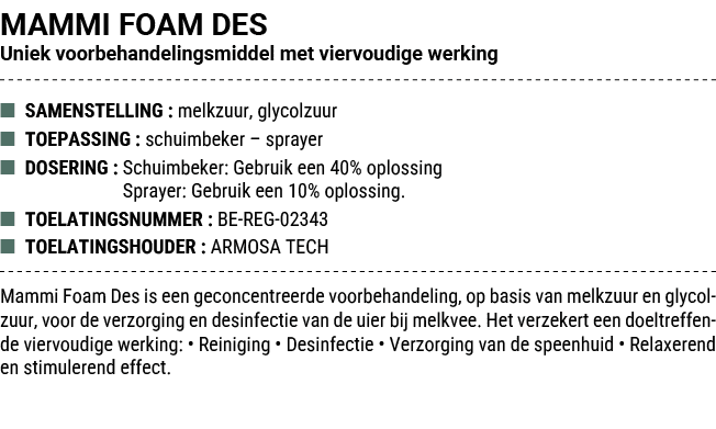 MAMMI FOAM DES Uniek voorbehandelingsmiddel met viervoudige werking ■ SAMENSTELLING : melkzuur, glycolzuur ■ TOEPASSI...