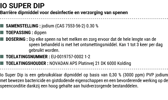 IO SUPER DIP Barri re dipmiddel voor desinfectie en verzorging van spenen ■ SAMENSTELLING : jodium (CAS 7553 56 2) 0....