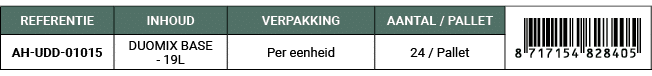 REFERENTIE,INHOUD,VERPAKKING,AANTAL / PALLET,￼,AH UDD 01015,DUOMIX BASE 19L,Per eenheid,24 / Pallet