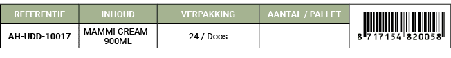 REFERENTIE,INHOUD,VERPAKKING,AANTAL / PALLET, ￼,AH UDD 10017,MAMMI CREAM 900ML,24 / Doos, 