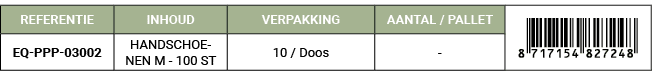 REFERENTIE,INHOUD,VERPAKKING,AANTAL / PALLET,￼,EQ PPP 03002,HANDSCHOENEN M 100 ST,10 / Doos, 